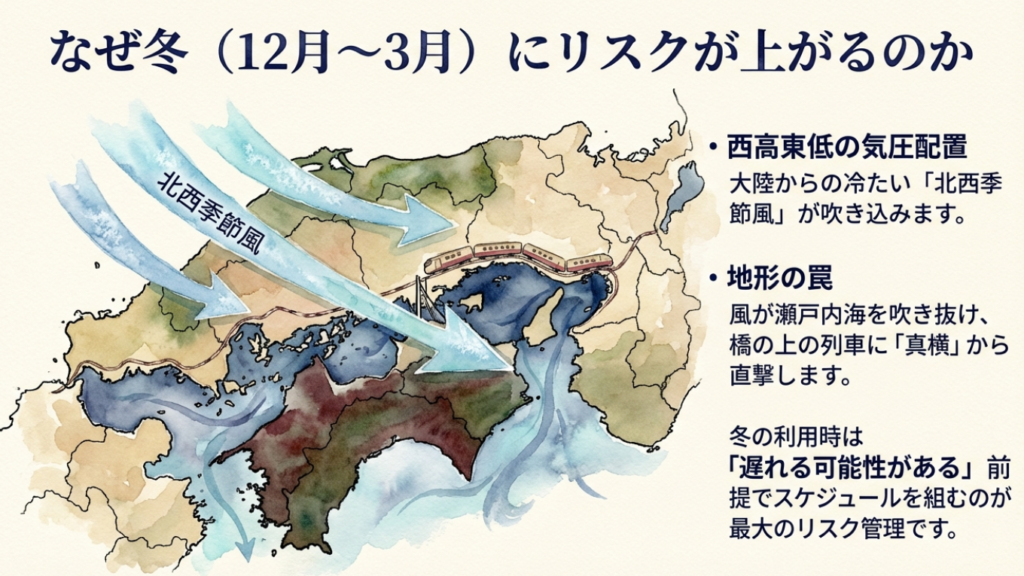 サンライズ瀬戸は遅れやすい?冬場のリスクと払い戻し・振替ガイド 5 冬の北西季節風が瀬戸内海を吹き抜けるメカニズム図解