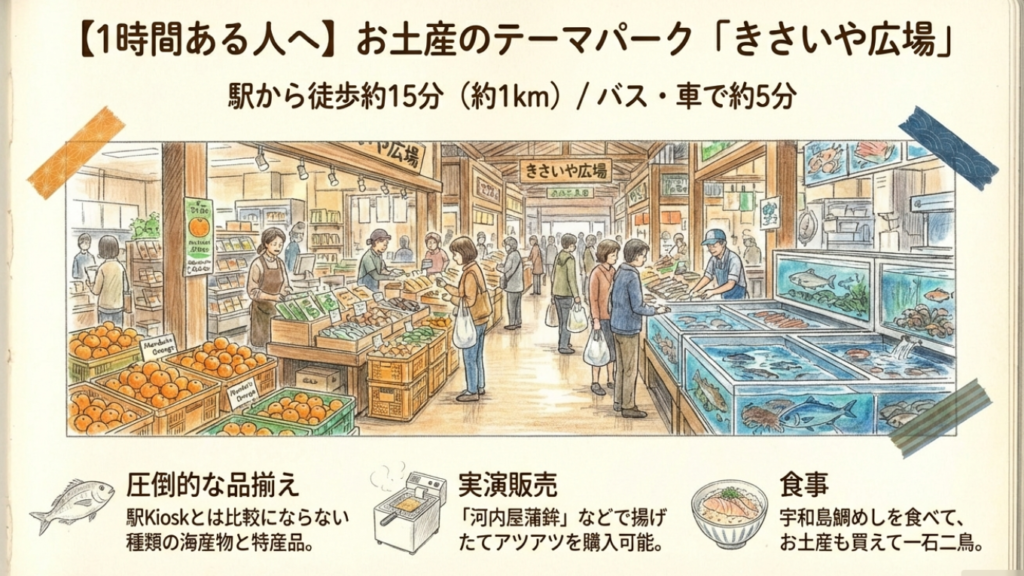 お土産のテーマパーク「きさいや広場」 品揃え豊富な道の駅きさいや広場の内観イラスト