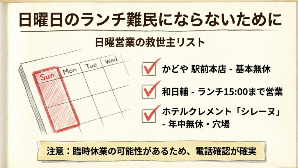 日曜ランチ難民にならないための営業リスト 宇和島駅周辺の日曜日ランチ営業状況カレンダー。定休日と営業店の一覧