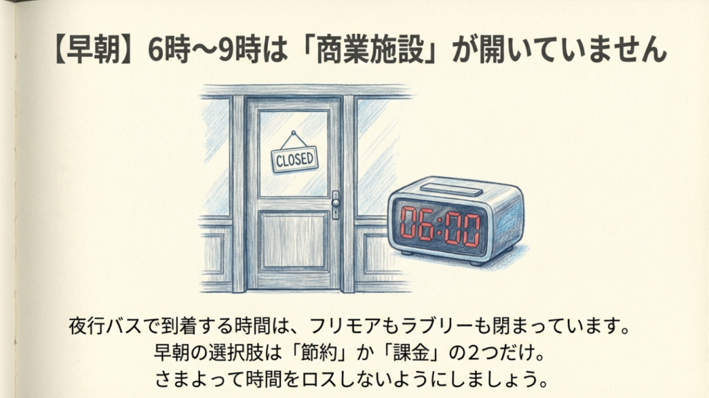 早朝6時から9時は商業施設が開いていません：夜行バス到着時にフリモアやラブリーは利用不可