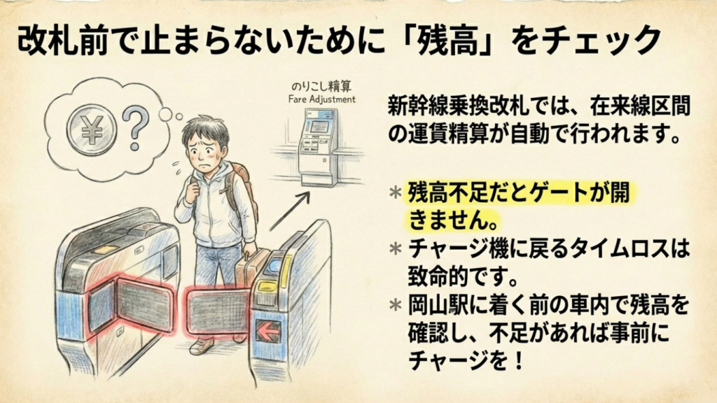 改札前で残高不足になり困っている人と、事前のチャージを推奨するイラスト