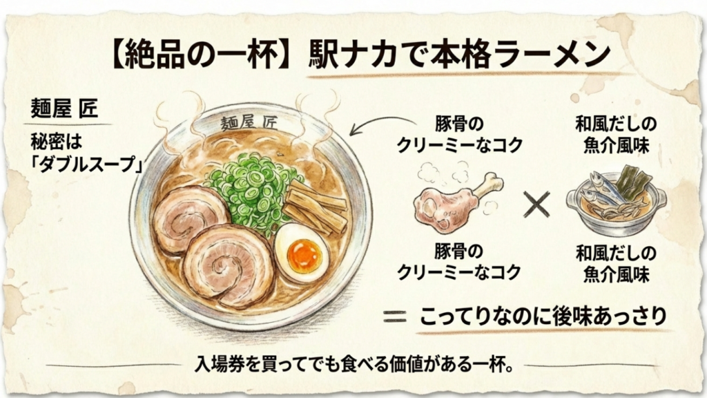 麺屋匠の豚骨と和風だしのダブルスープを解説した図解