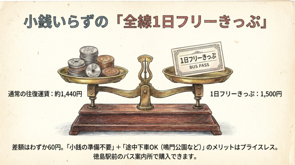 徳島バス全線1日フリーきっぷ（1,500円）のイラスト。往復運賃（約1,440円）とほぼ同額で小銭いらず。