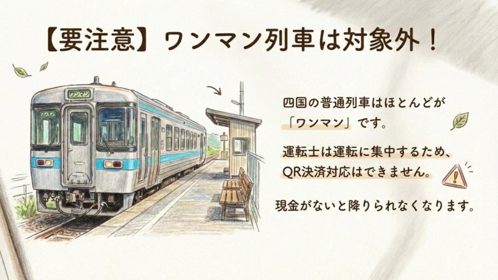 【要注意】ワンマン列車は対象外! ワンマン列車ではPayPayが使えないことを警告するイラスト。無人駅と列車