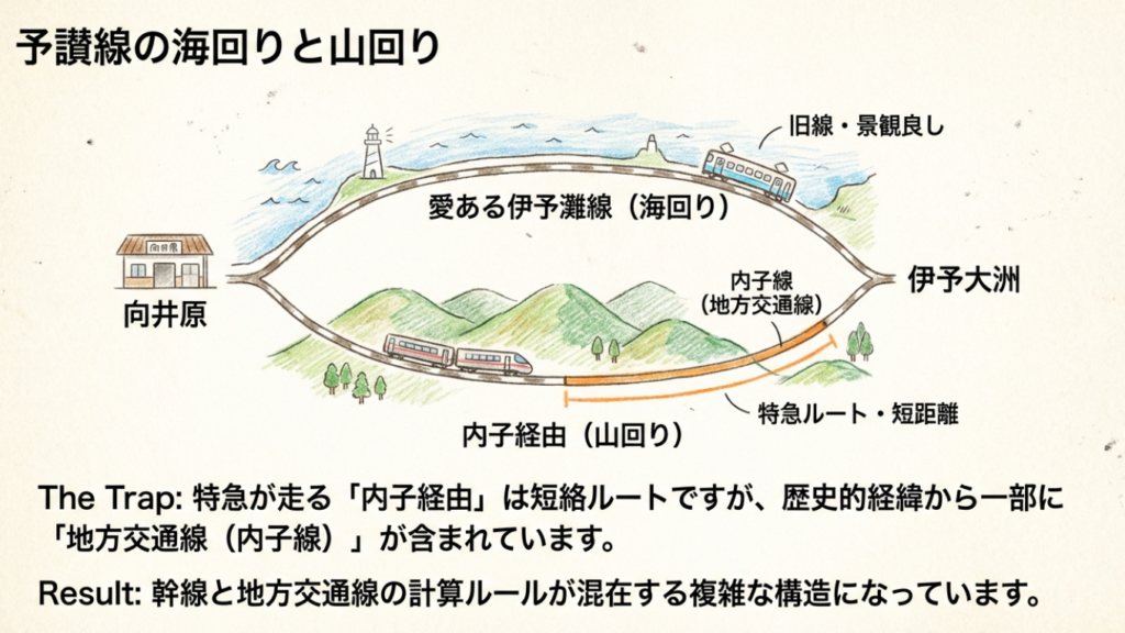 予讃線の海回りと山回り（内子経由）のルート図