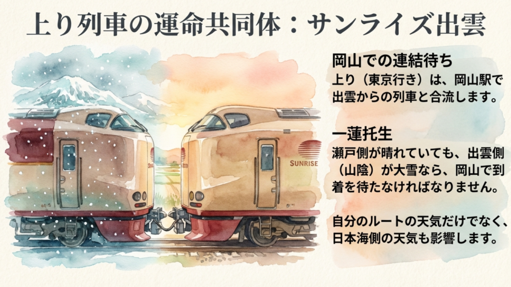 サンライズ瀬戸は遅れやすい?冬場のリスクと払い戻し・振替ガイド 6 サンライズ出雲との運命共同体。岡山駅での連結待ちによる一蓮托生リスク