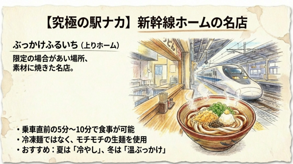 新幹線ホームで提供されるぶっかけふるいちのうどんイラスト