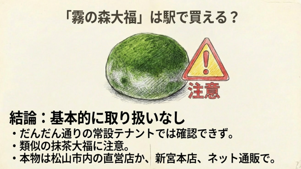 霧の森大福は松山駅で買えない？注意喚起マークと抹茶大福のイラスト