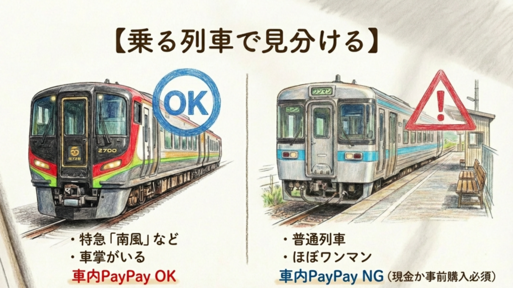 乗る列車で見分ける PayPayが使える特急列車と使えないワンマン普通列車の見分け方イラスト