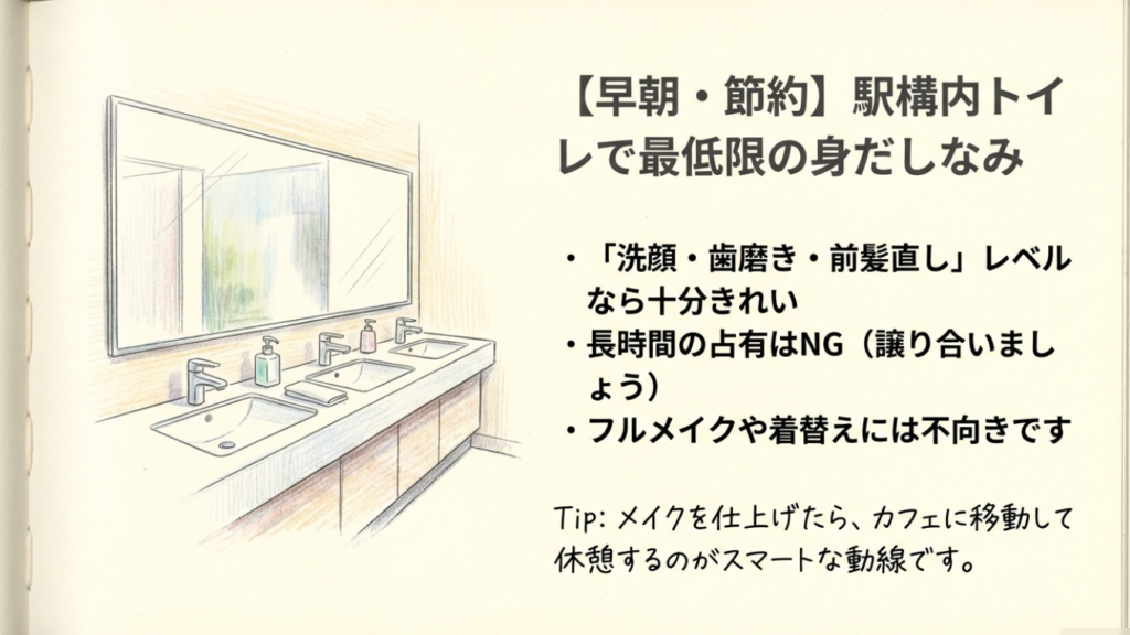 早朝・節約派は駅構内トイレを活用：洗顔や歯磨きは可能だが、長時間の占有やフルメイクには不向き