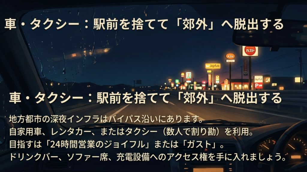 車・タクシーで駅前を捨てて郊外のファミレスへ脱出する