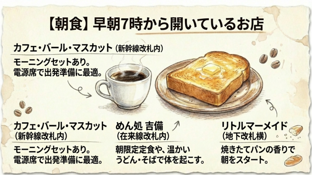 岡山駅構内で朝7時から営業しているカフェやうどん店のリスト
