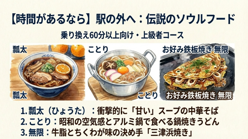 松山駅周辺のグルメ（瓢太の中華そば、ことりの鍋焼きうどん、無限の三津浜焼き）