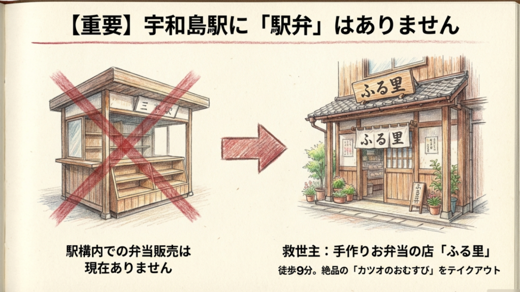 重要:宇和島駅に駅弁はありません 宇和島駅構内の売店には現在駅弁がないことを示すイラスト。代替案としてふる里を紹介