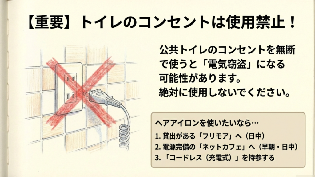 重要：公共トイレのコンセントは使用禁止。電気窃盗になる可能性があります。アイロンを使うなら貸出施設かネットカフェへ
