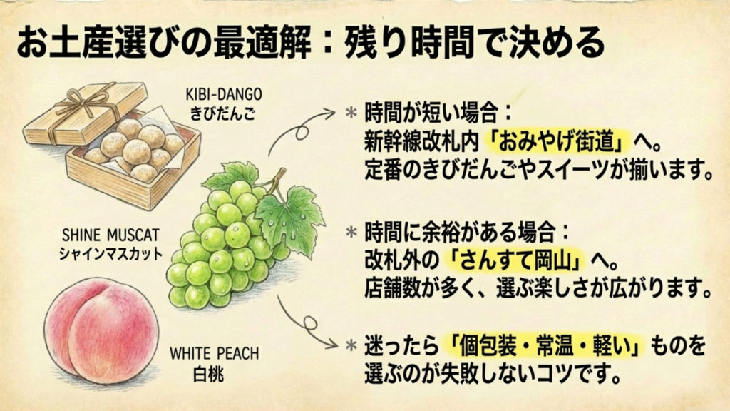 時間がない時は改札内、ある時は改札外を推奨するお土産選びのチャート図