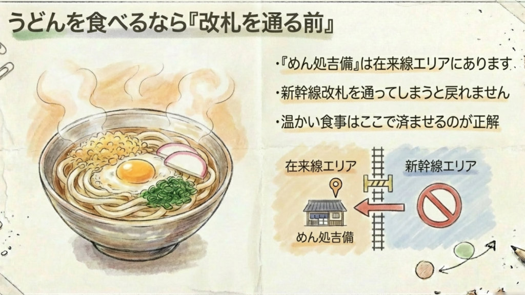 温かいうどんは在来線内にあることを示すイラスト