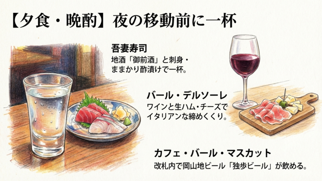 ワインと生ハム、日本酒で楽しむ夜の岡山駅構内の食事イメージ