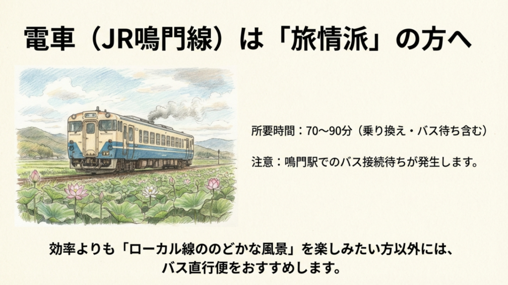 のどかな田園風景を走るJR鳴門線の車両イラスト。所要時間は70〜90分。