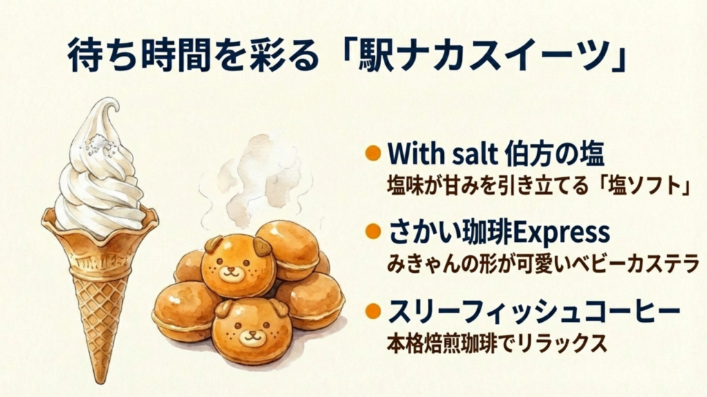 松山駅ナカのスイーツ（伯方の塩ソフト、ベビーカステラ）