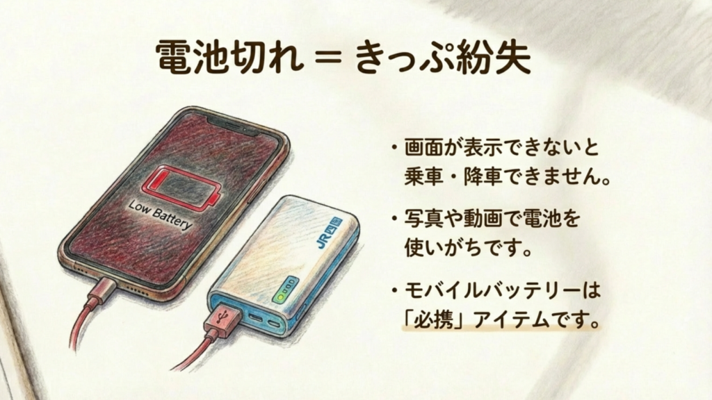 電池切れ = きっぷ紛失 スマホの電池切れで改札が出られない状況の警告イラスト