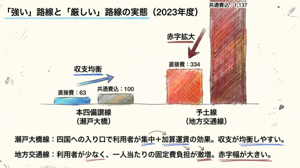 本四備讃線と予土線の収支構造比較チャート