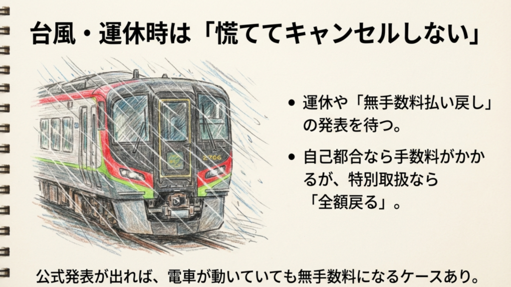 JR四国の払い戻し手数料を完全解説!台風や遅延時の対応も網羅 8 台風・運休時の特別対応。災害や事故による運休は手数料無料。公式発表やネットの手数料0円表示を確認