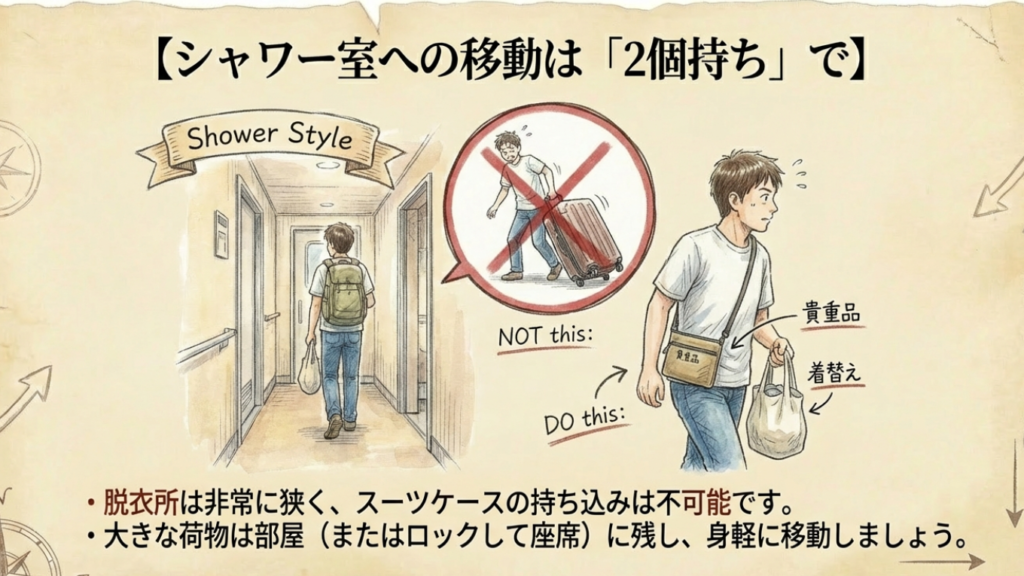 シャワー利用時の荷物スタイル シャワー室への移動は2個持ちで・大きな荷物は置いて貴重品と着替えだけ持つ