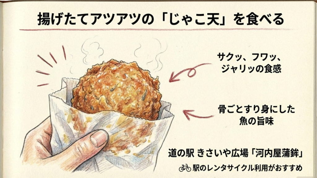 サクッ、フワッ、ジャリッの食感がたまらない きさいや広場で実演販売される揚げたてのじゃこ天イラスト