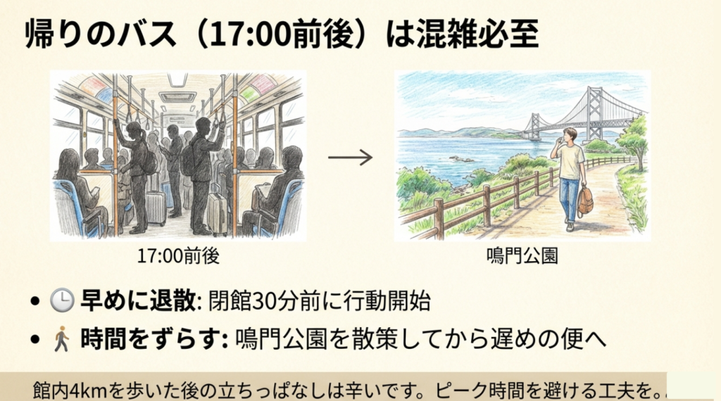 17:00前後の帰りのバスは非常に混雑するイメージイラスト。早めの退散か時間をずらすことを推奨。