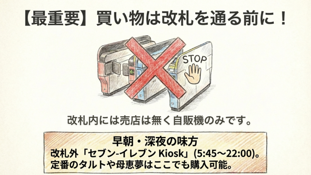 買い物は改札を通る前に！STOPマークと自動改札機のイラスト