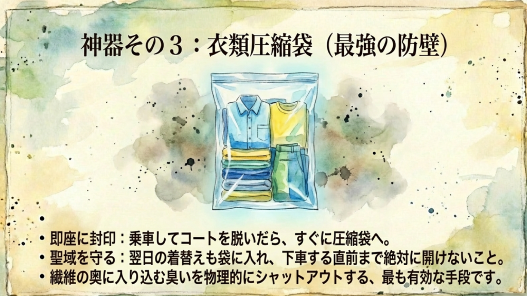 【徹底解説】サンライズ瀬戸の喫煙室は臭い?対策と実態レポート 10 衣類を臭いから守るための圧縮袋活用テクニック