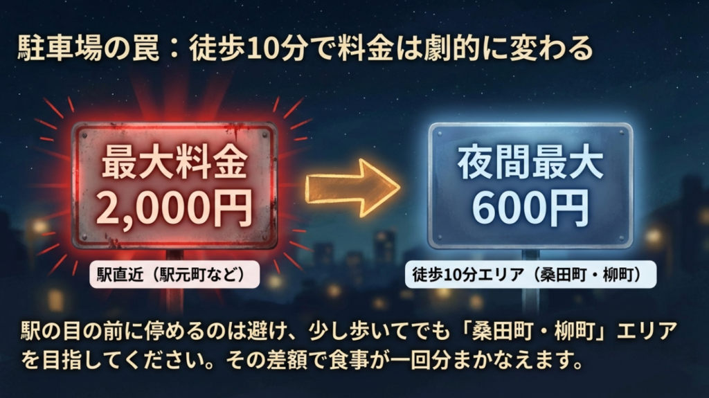 駐車場の罠:岡山駅から徒歩10分で駐車料金は劇的に変わる