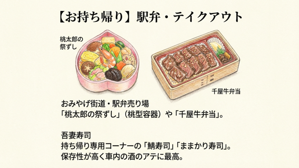 桃太郎の祭ずしと千屋牛弁当のイラスト