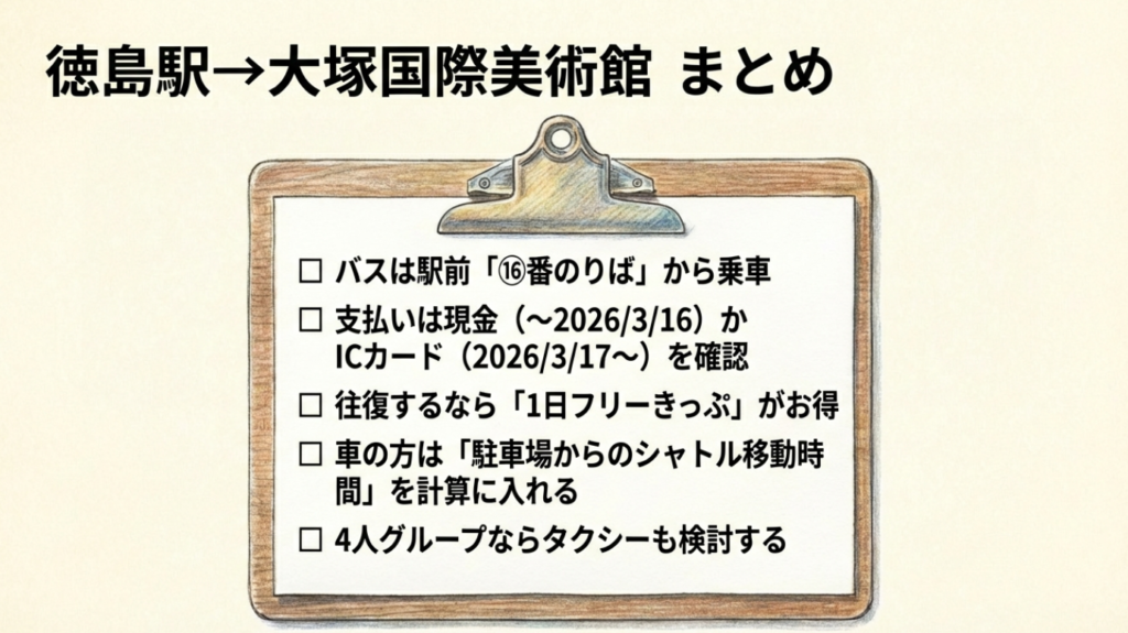 徳島駅発美術館行きのアクセスまとめチェックリスト。のりば、支払い方法、フリーきっぷ、駐車場について。