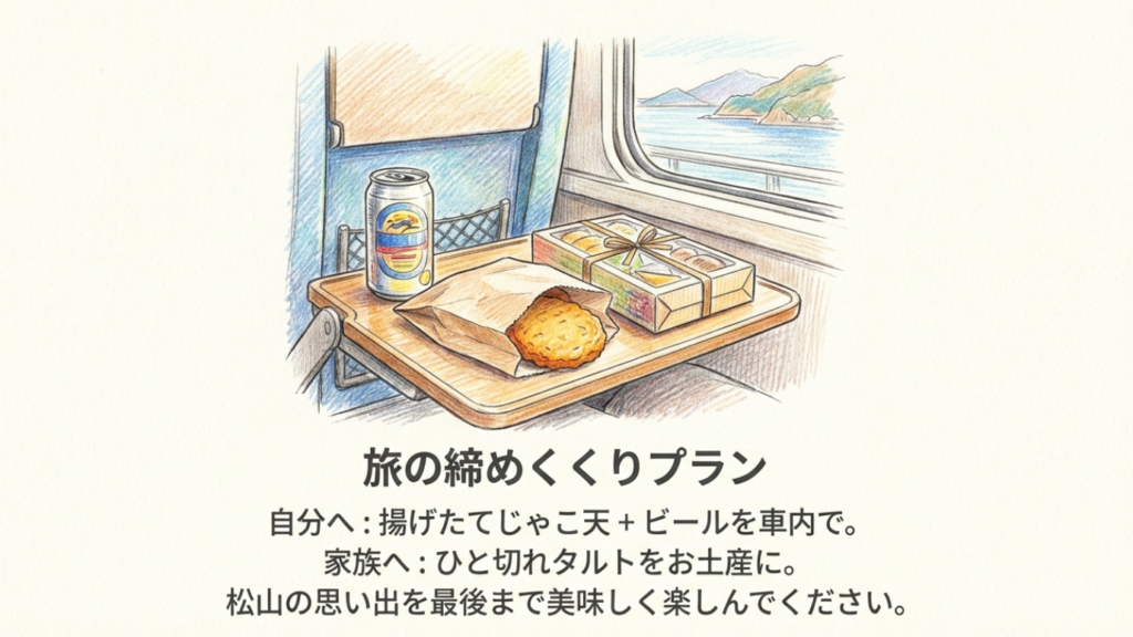 特急しおかぜ車内でじゃこ天とビール、お土産の一六タルトを楽しむ旅の締めくくり