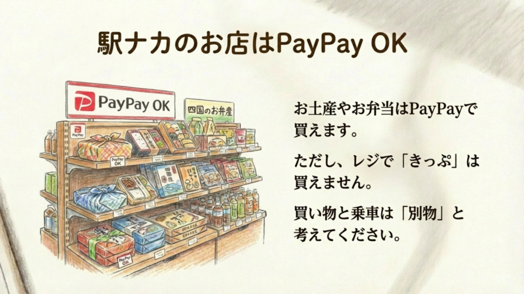 JR四国でPayPayは使える?券売機・アプリ・車内利用まで徹底解説 3 駅のコンビニやお土産屋でのPayPay利用イラスト。お弁当購入には使えるがきっぷは買えない