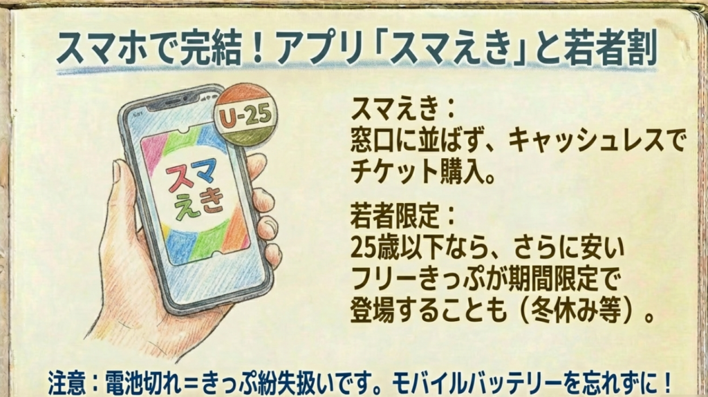 スマホで完結するチケットアプリ「スマえき」と若者割の利用イメージ