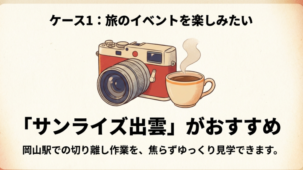 サンライズ瀬戸と出雲はどっち?料金や部屋の違いを徹底比較 12 カメラとコーヒーのイラスト。イベントを楽しみたい人にはサンライズ出雲がおすすめであることを示すスライド