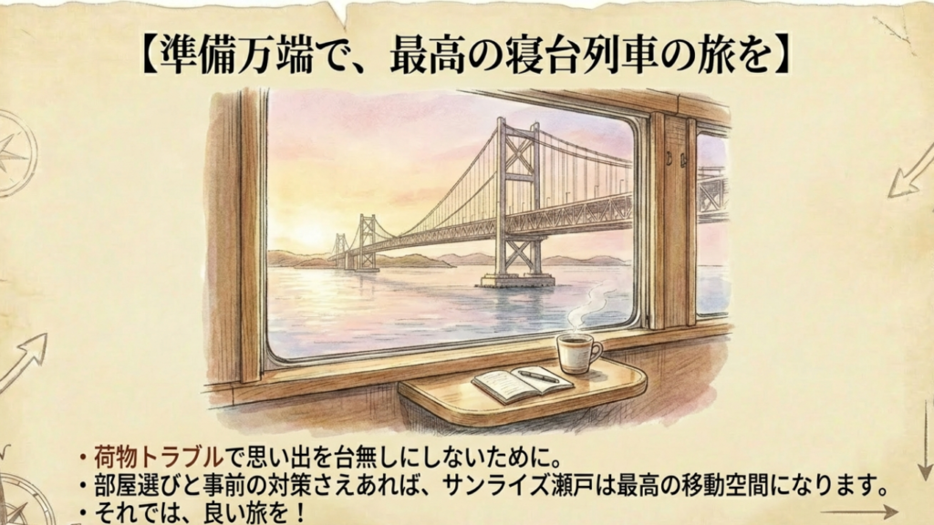 良い旅を! 準備万端で最高の寝台列車の旅を・瀬戸大橋を渡る車窓の風景