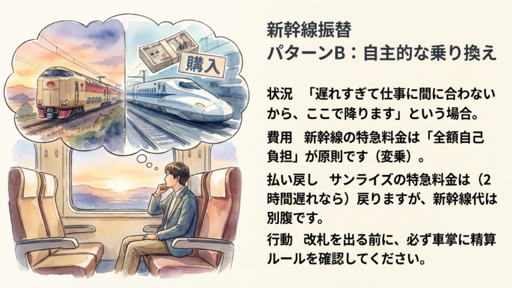サンライズ瀬戸は遅れやすい?冬場のリスクと払い戻し・振替ガイド 12 新幹線振替パターンB 自主的な乗り換えは原則自己負担