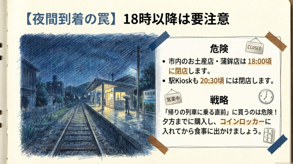 夜間到着の罠 宇和島駅周辺の夜間のお土産店閉店時間に注意