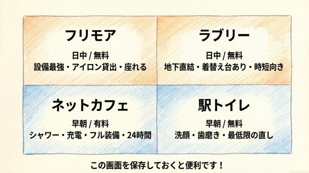 岡山駅パウダールーム比較表：フリモア・ラブリー・ネットカフェ・駅トイレの特徴と料金、おすすめシーンのまとめ