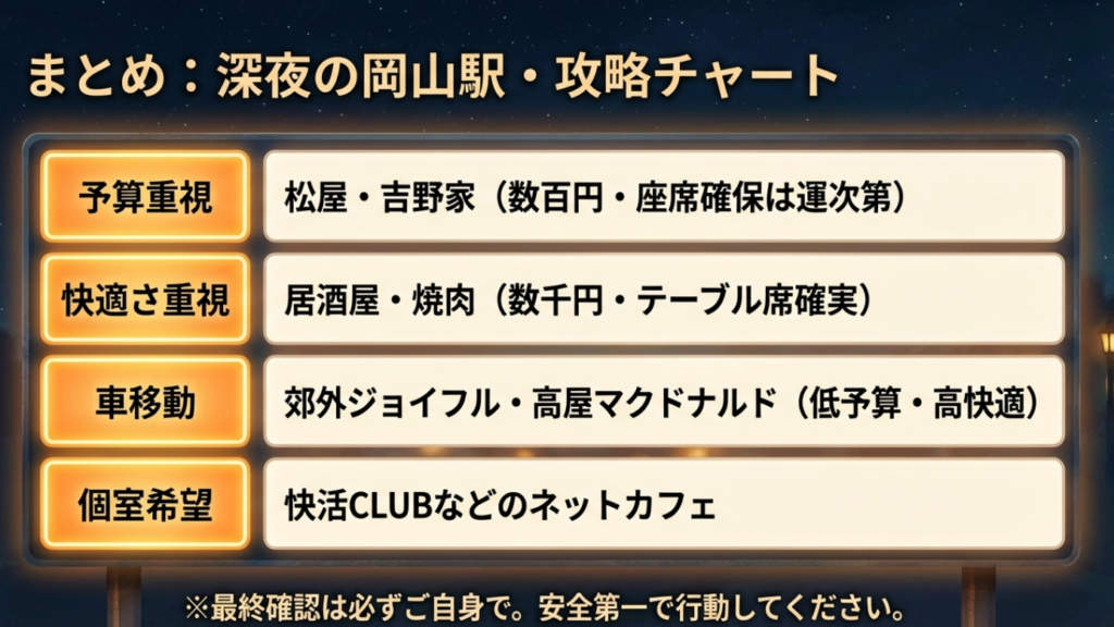 まとめ:深夜の岡山駅・目的別攻略チャート