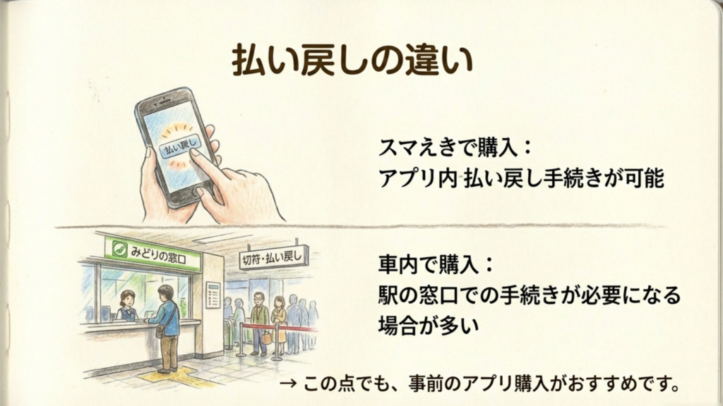 払い戻しの違い スマえきで購入した場合と車内で購入した場合の払い戻し方法の違いを説明する図
