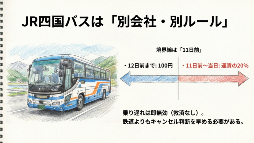 JR四国の払い戻し手数料を完全解説!台風や遅延時の対応も網羅 11 高速バス(JR四国バス)はルールが違う。11日前が境界線で、直前キャンセルは運賃の20%がかかる