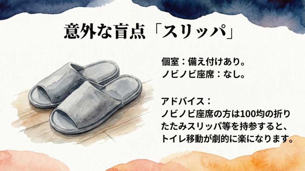 スリッパは個室にあり、ノビノビ座席になし。持参がおすすめ