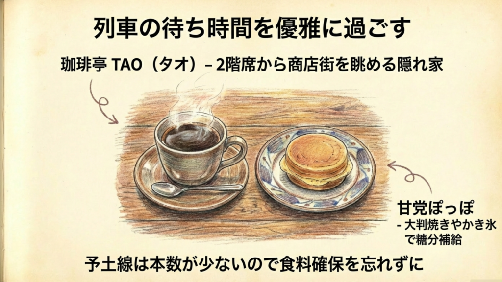 列車の待ち時間を優雅に過ごすカフェスポット 珈琲亭TAOの2階席や甘党ぽっぽの大判焼きのイラスト