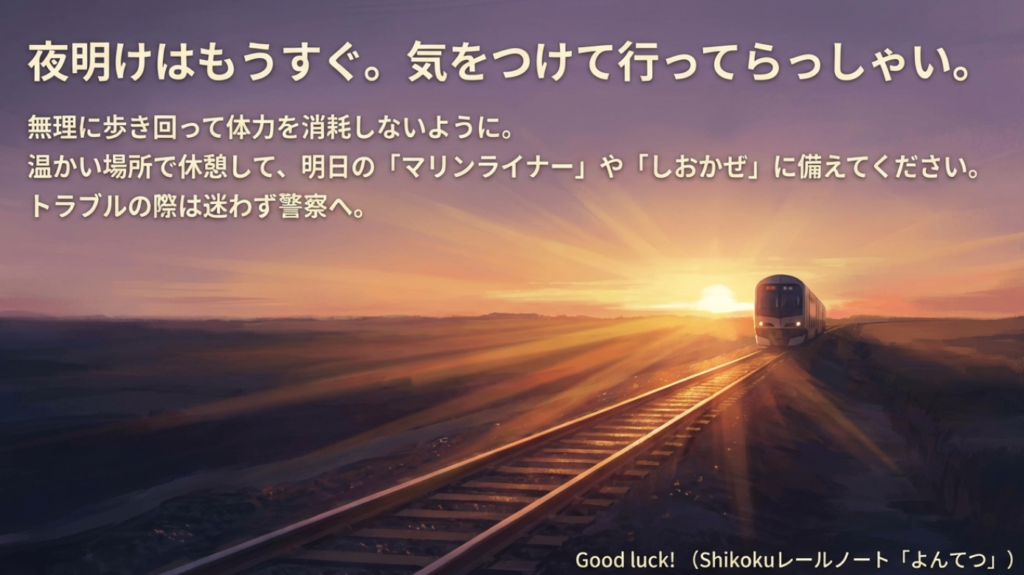夜明けはもうすぐ。気をつけて行ってらっしゃい。