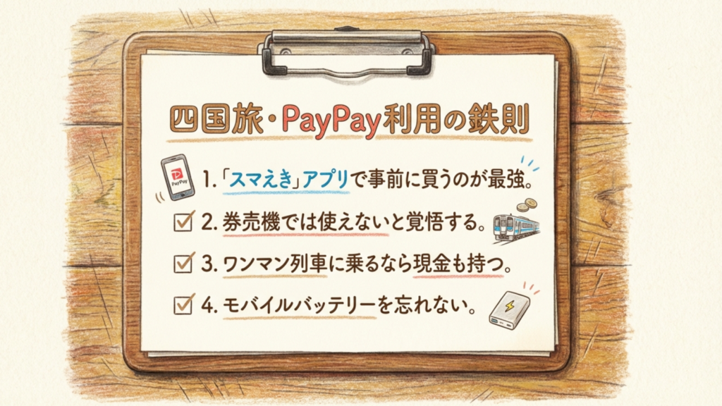 四国旅・PayPay利用の鉄則 JR四国でPayPayを使うための4つの鉄則まとめイラスト